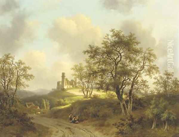 Figures resting on a country road in a wooded landscape Oil Painting by Willem De Klerk