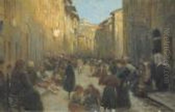 Scorcio Di Via Con Figure Oil Painting by Cesare Ciani