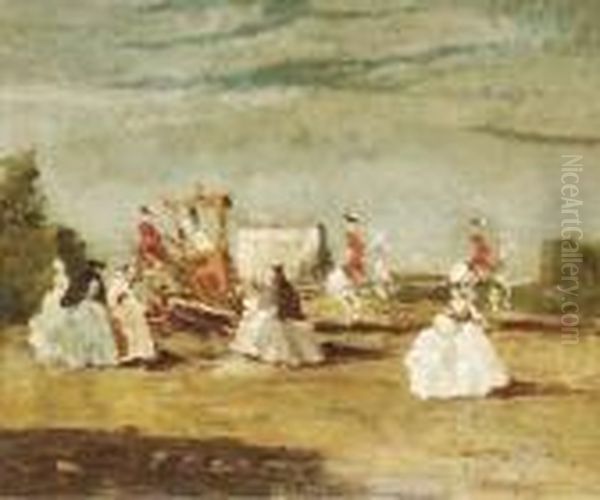 Elegant Ladies In Front Of A Stagecoach Oil Painting by Emma Ciardi