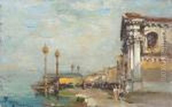 Molo A Venezia Con Figure Oil Painting by Beppe Ciardi