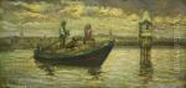 Marina Con Barca Da Trasporto Oil Painting by Guglielmo Ciardi