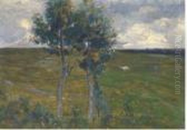 Campagna Con Due Alberi In Primo Piano Oil Painting by Guglielmo Ciardi