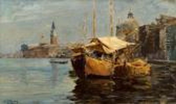 Barche Alla Giudecca Oil Painting by Guglielmo Ciardi