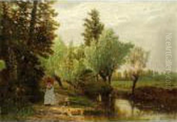 Jeune Femme Lisant Sur Les Bords
 D'une Riviere [, Reading By The River, Oil On Canvas, Signed, Dated 
'78.] Oil Painting by Guglielmo Ciardi