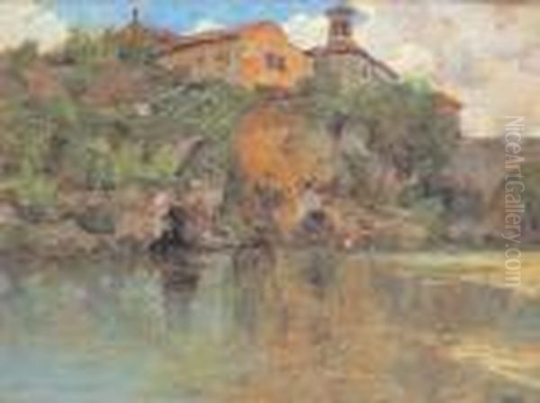 Case Sul Fiume Oil Painting by Guglielmo Ciardi