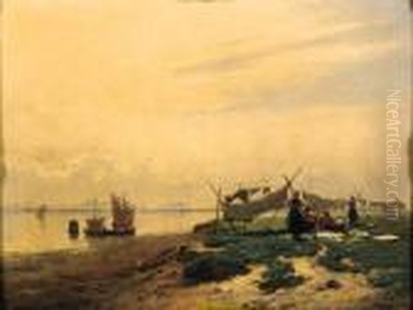 Vita Costiera Con Barche E Pescatori (1869-1870) Oil Painting by Guglielmo Ciardi