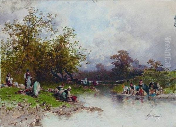 Les Lavandieres Oil Painting by Ciceri, Eugene