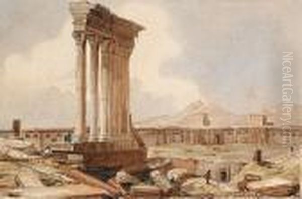 Colonnes Du Temple Jupiter A Baalbeck, Liban. Oil Painting by Ciceri, Eugene