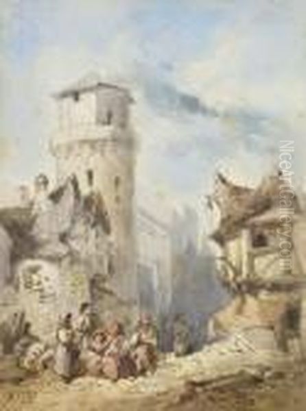 Personnages A L'entree D'une Ville Medievale Oil Painting by Ciceri, Eugene