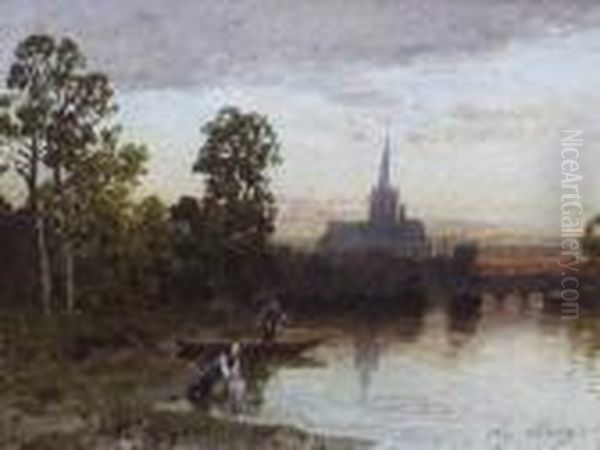 Pecheur Et Lavandiere A La Riviere Sur Fond De Village Au Couchant Oil Painting by Ciceri, Eugene