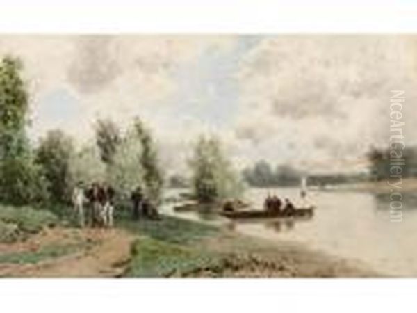 < Promeneurs En Barqueau Bord Du Oil Painting by Ciceri, Eugene