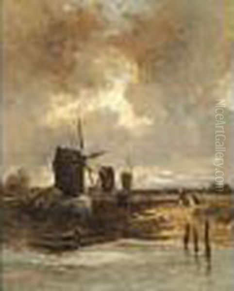 Le Passage Du Bac Presdes Moulins Oil Painting by Ciceri, Eugene