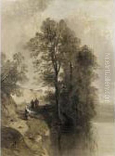 On The Riverbank Oil Painting by Ciceri, Eugene