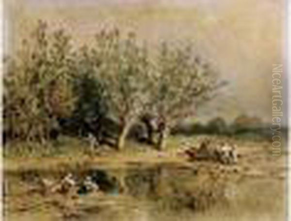 Lavandieres Et Paysans Aupres De La Mare Oil Painting by Ciceri, Eugene