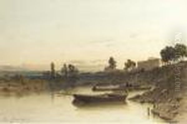 Boats On The River, A House On The Riverbank Beyond Oil Painting by Ciceri, Eugene