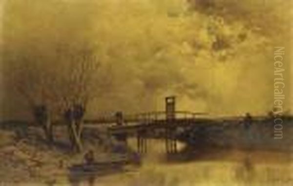 Figures By A Wooden Bridge In A River Landscape Oil Painting by Ciceri, Eugene