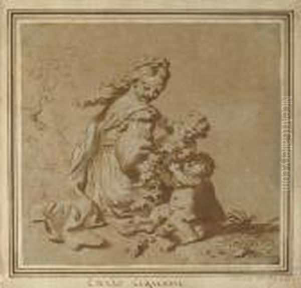 A Young Girl With Two Putti Holding Bunches Of Grapes Oil Painting by Carlo Cignani