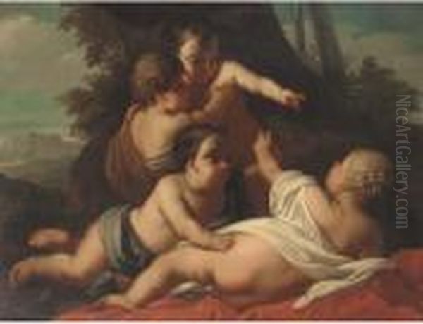 Putti Disporting In A Wooded Landscape Oil Painting by Carlo Cignani