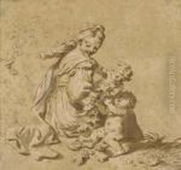 Jeune Fille Assise Dans Un Paysage Avec Deux Putti Tenant Des Grappes De Raisin Oil Painting by Carlo Cignani