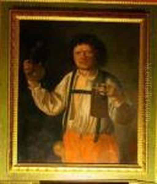 Portraitof A Man With A Glass Of Beer Cutrolf And A Pupmkin Oil Painting by Giacomo Francesco Cipper