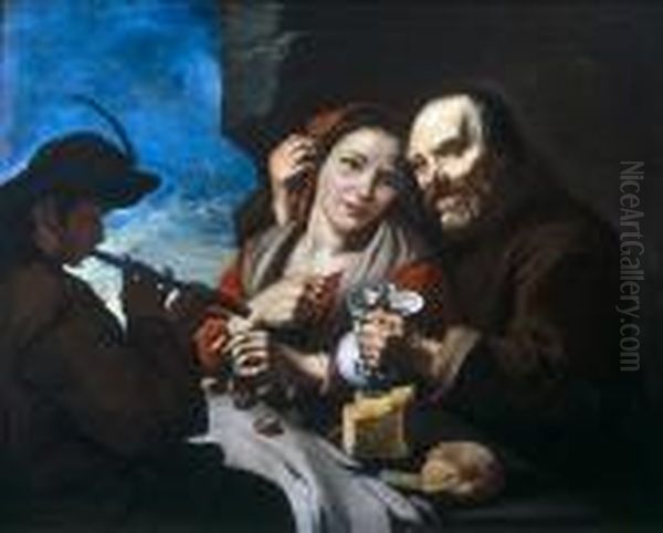 A Friar And Young Maid At A Table With A Piper Oil Painting by Giacomo Francesco Cipper