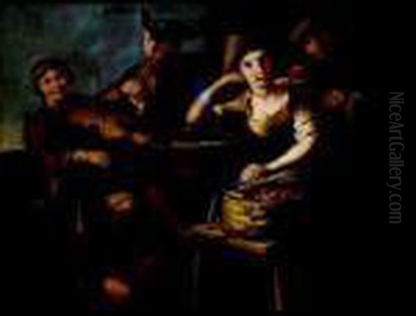 Gruppo Con Musici E Contadina Con Cesto Di Ciliege Oil Painting by Giacomo Francesco Cipper