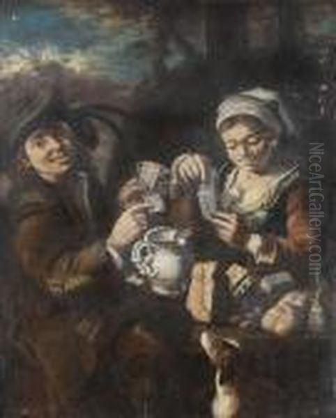 A Young Boy And Girl Seated At A Table Playing Cards Oil Painting by Giacomo Francesco Cipper