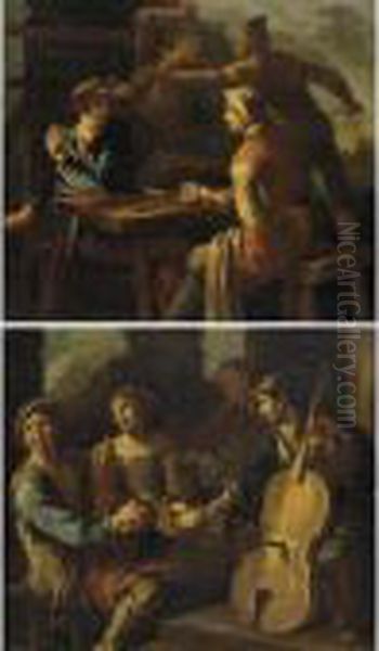 Giocatori Di Carte; Scena Di Genere Con Musicisti Oil Painting by Giacomo Francesco Cipper