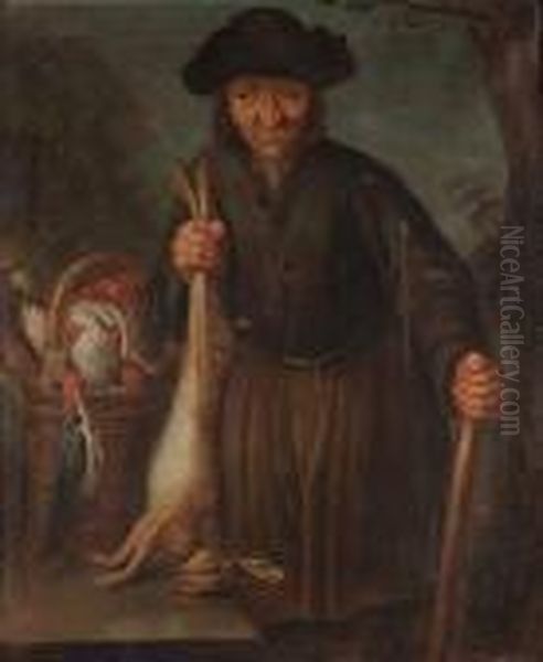 A Peasant Man Holding A Dead 
Hare With A Basket Of Dead Birds Beside Him; And A Peasant Woman Holding
 A Dead Fox With A Basket Of Chickens Over Her Arm Oil Painting by Giacomo Francesco Cipper