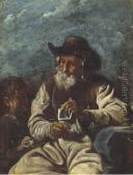 An Old Man Knitting With A Young Boy Oil Painting by Giacomo Francesco Cipper