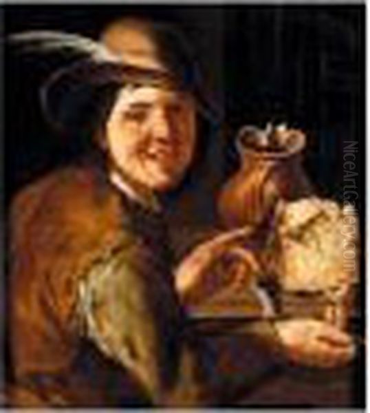 A Merry Smoker At A Table With A Large Cheese And An Earthenware Jug Oil Painting by Giacomo Francesco Cipper