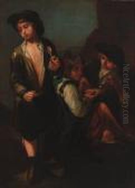 Boys Drinking Soup In A Landscape Oil Painting by Giacomo Francesco Cipper