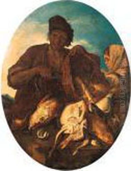 A Fisherman With A Basket Of 
Fish And A Peasant Girl; And A Peasantwith A Dead Hare And Game Birds Oil Painting by Giacomo Francesco Cipper