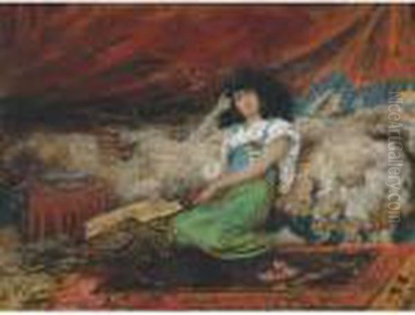 Harem Maid With Peacock Fan Oil Painting by Georges Jules Victor Clairin