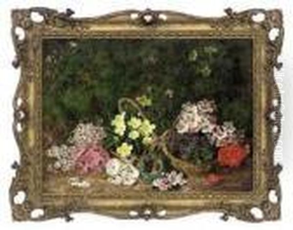 Primroses, Violets And A Bird's Nest On A Mossy Bank Oil Painting by George Clare