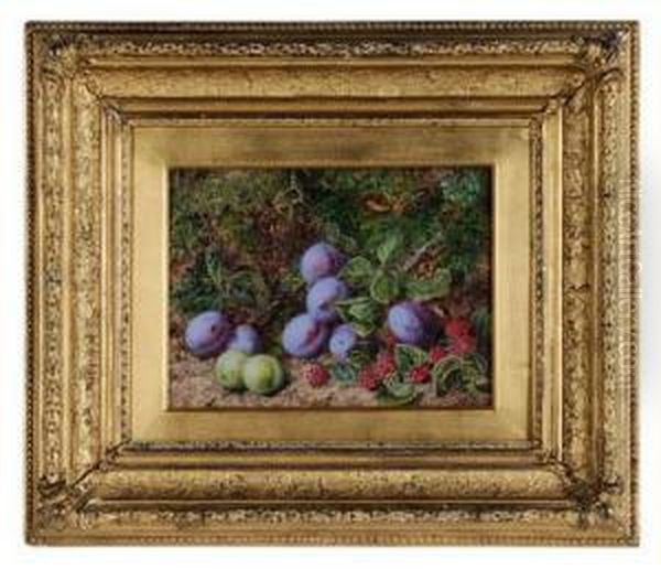 Still Life With Plums And Raspberries On A Mossy Bank Oil Painting by George Clare