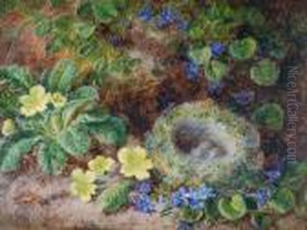 Primroses And Birds Nest With Eggs On A Mossy Bank Oil Painting by George Clare