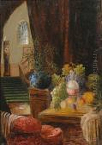 Opulent Still Life And Grand Staircase. Oil Painting by George Clare