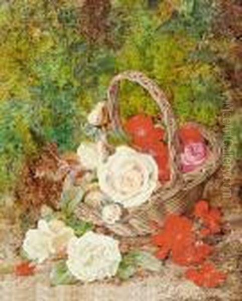 Still Life Of Roses, Geraniums And A Wickerbasket On A Mossy Bank Oil Painting by George Clare