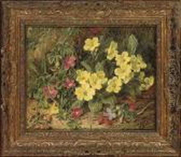 Primroses On A Mossy Bank Oil Painting by George Clare