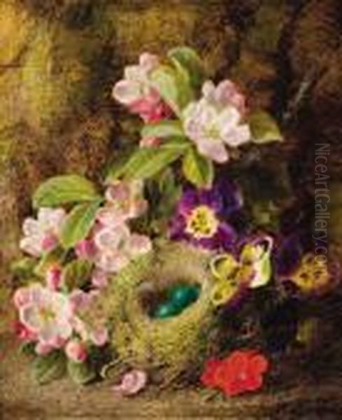 Floral Still Life With A Bird's Nest On A Mossy Bank Oil Painting by George Clare