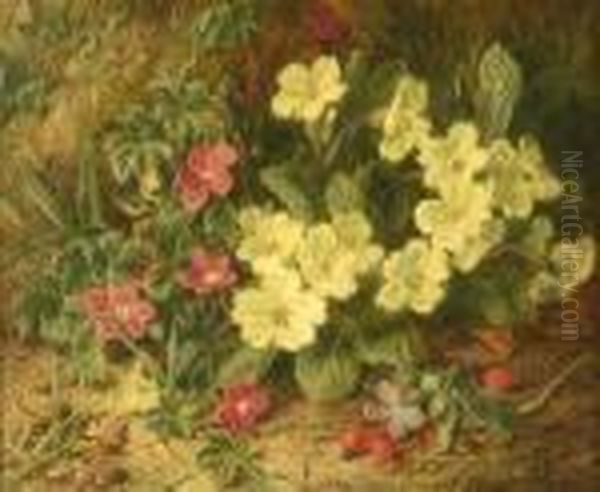 Still Life Of Primroses And Rosehips Oil Painting by George Clare