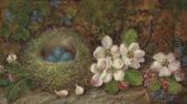 Apple Blossom And A Birds Nest, On A Mossy Bank Oil Painting by George Clare