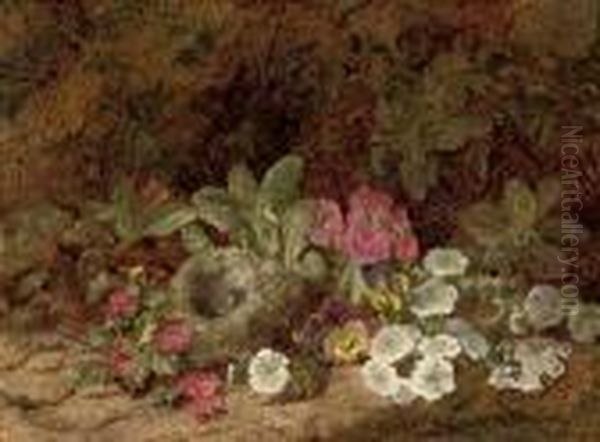 A Bird's Nest With Primulas, Pansies And Blossom On A Mossy Bank Oil Painting by George Clare