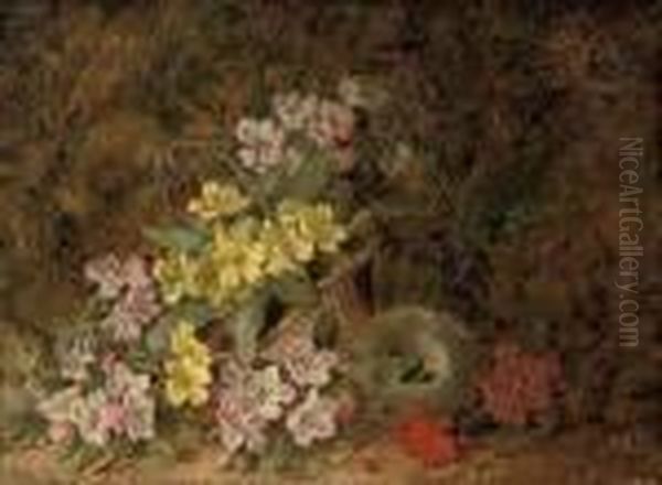 Hawthorn Blossom, Primroses And A Bird's Nest On A Mossy Bank Oil Painting by George Clare