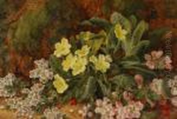 Oil On Canvas, Primroses,spring Flowers And Berries On A Mossy Bank, Signed, 12