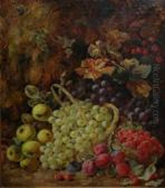 A Mossy Bank With Fruit And Another With Flowers And A Bird Nest. Oil Painting by George Clare