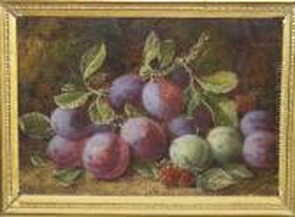 Still Life Of Plums, Greengages And Raspberries Against A Mossy Bank Signed Oil Painting by George Clare