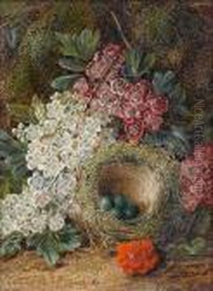 Fruit On A Mossy Bank; Flowers And A Bird's Nest On A Mossy Bank Oil Painting by George Clare