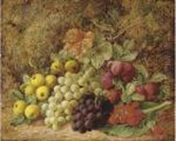 Apples, Grapes, Plums And Strawberries On A Mossy Bank Oil Painting by George Clare